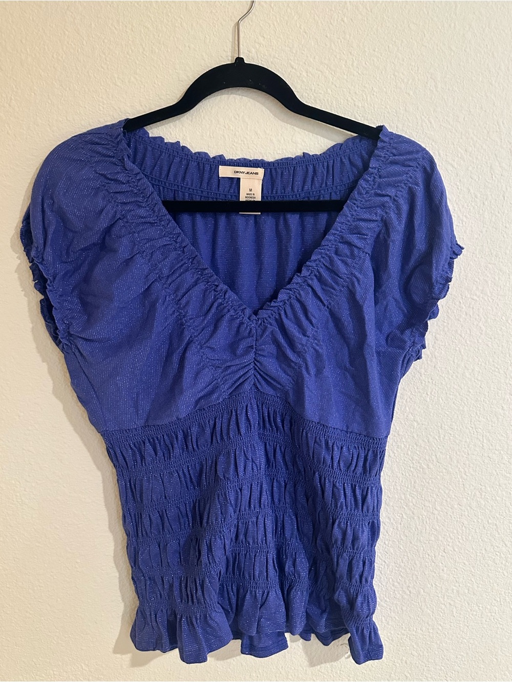 DKNY Royal Blue Smocked V-Neck Short Sleeve Top